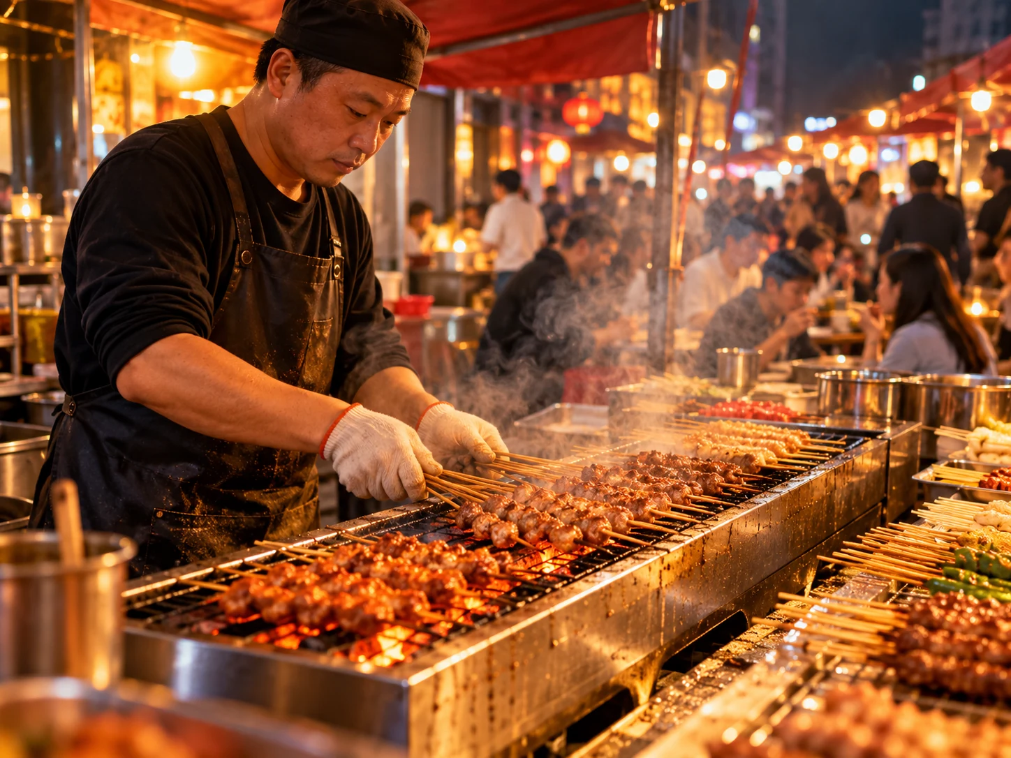 夜市炭火烧烤摊前现烤肉串的热闹场景