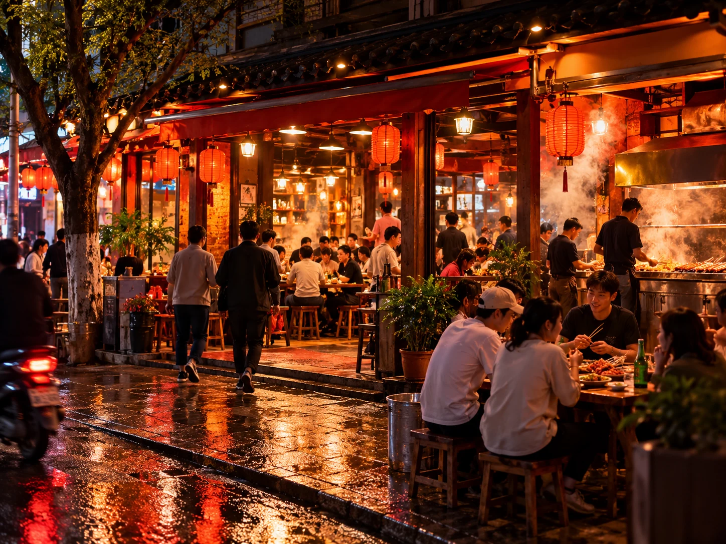 雨夜街头热闹的烧烤店门头与用餐氛围